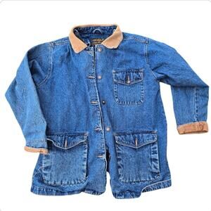 Eddie Bauer Blue Denim Jacket with Tan Accents and removable flannel lining